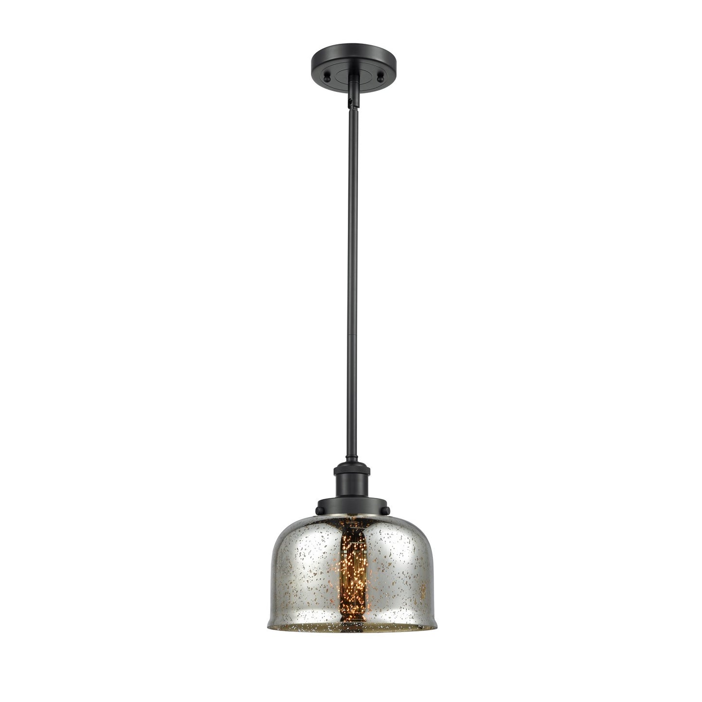 Innovations Bell 8in 1-Light Mini Pendant | Industrial Matte Black Steel and Silver Plated Mercury Glass | Kitchen Island & | Model 916-1S-BK-G78-LED