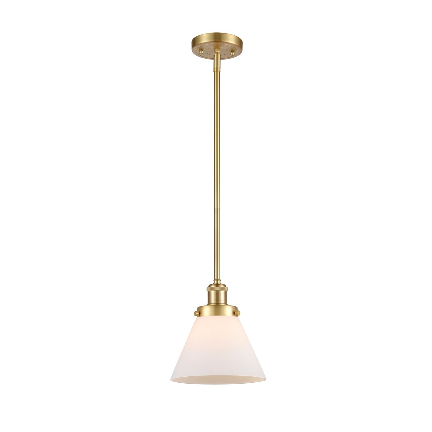 Innovations Cone 8in 1-Light Mini Pendant | Industrial Transitional Satin Gold Steel and Matte White Frosted Glass | Kitchen Island | Model 916-1S-SG-G41