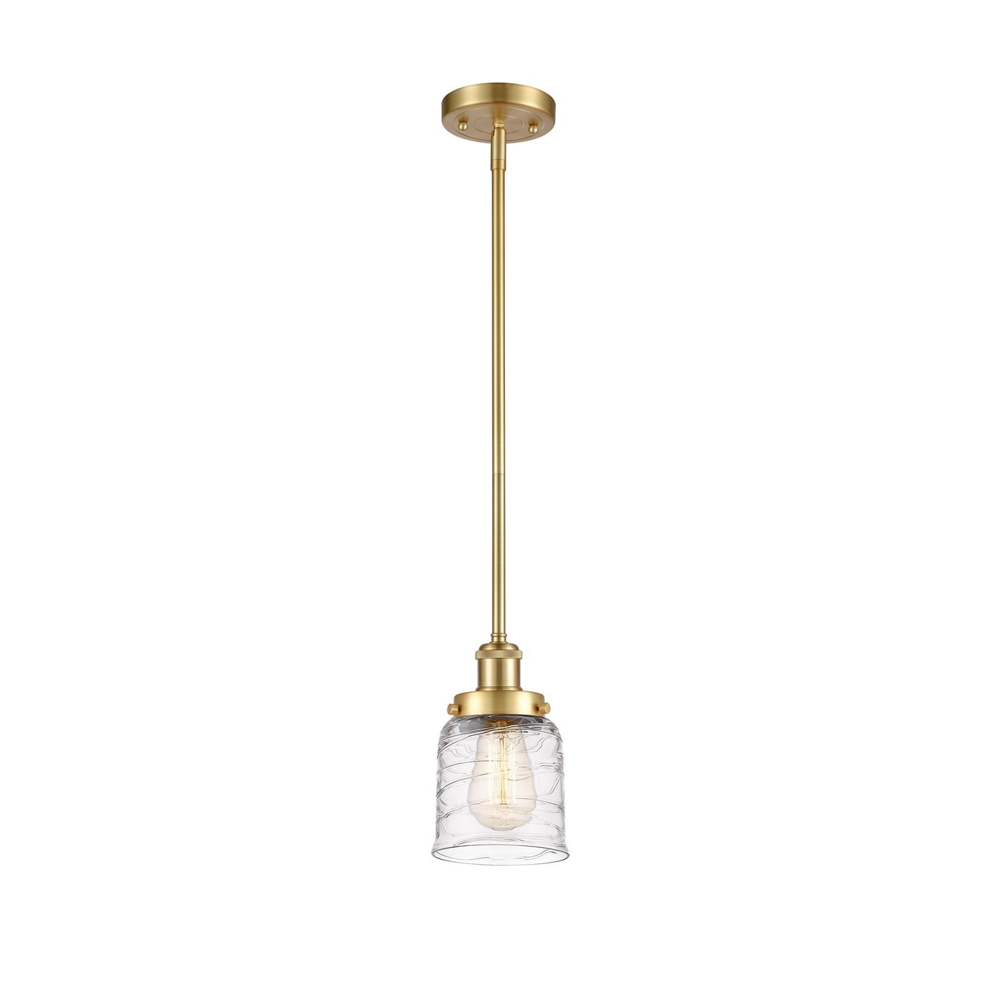Innovations Bell 5in 1-Light Mini Pendant | Industrial Satin Gold Steel and Clear Deco Swirl Glass | Kitchen Island & Dining Room | Model 916-1S-SG-G513