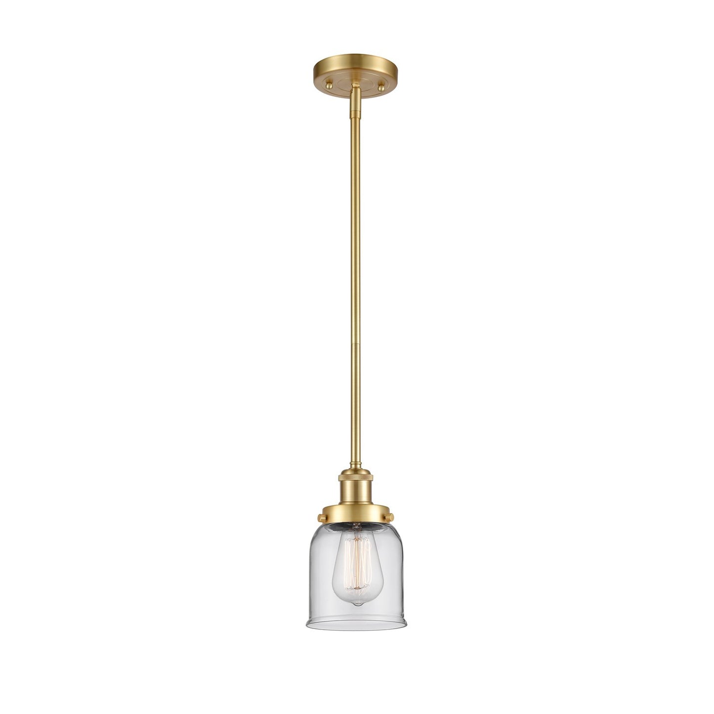 Innovations Bell 5in 1-Light Mini Pendant | Industrial Satin Gold Steel and Clear Glass | Kitchen Island & Dining Room | Damp Rated | Model 916-1S-SG-G52