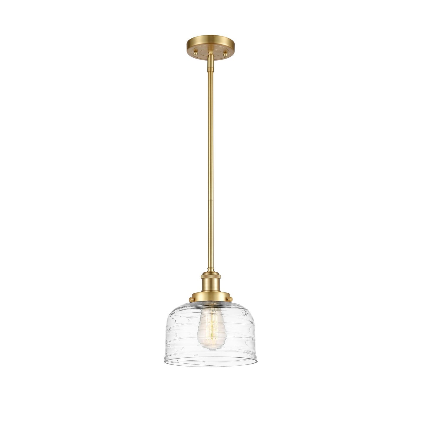 Innovations Bell 8in 1-Light Mini Pendant | Industrial Satin Gold Steel and Clear Deco Swirl Glass | Kitchen Island & Dining Room | Model 916-1S-SG-G713