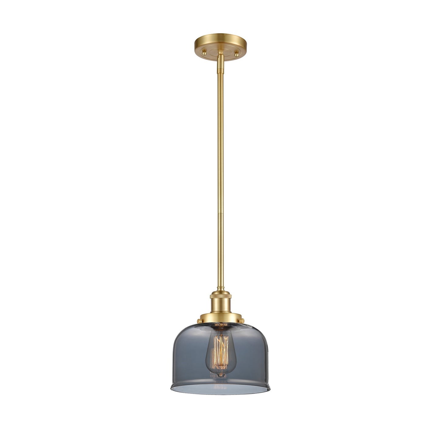 Innovations Bell 8in 1-Light Mini Pendant | Industrial Satin Gold Steel and Light Smoke Glass | Kitchen Island & Dining Room | Damp | Model 916-1S-SG-G73
