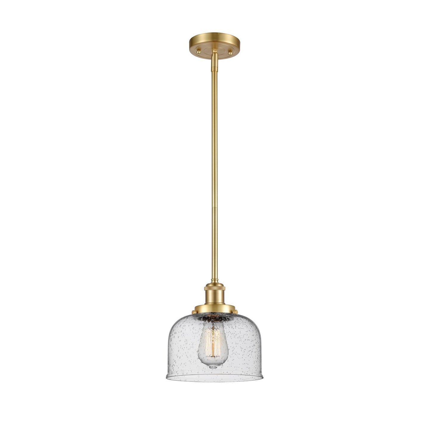 Innovations Bell 8in 1-Light Mini Pendant | Industrial Satin Gold Steel and Seedy Glass | Kitchen Island & Dining Room | Model 916-1S-SG-G74