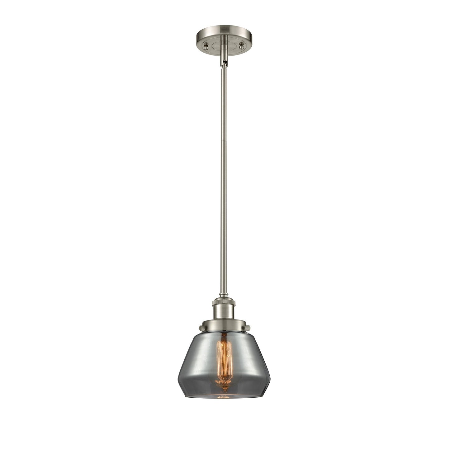 Innovations Fulton 7in 1-Light Mini Pendant | Modern Contemporary Brushed Satin Nickel and Light Smoke Schoolhouse Glass | Kitchen | Model 916-1S-SN-G173