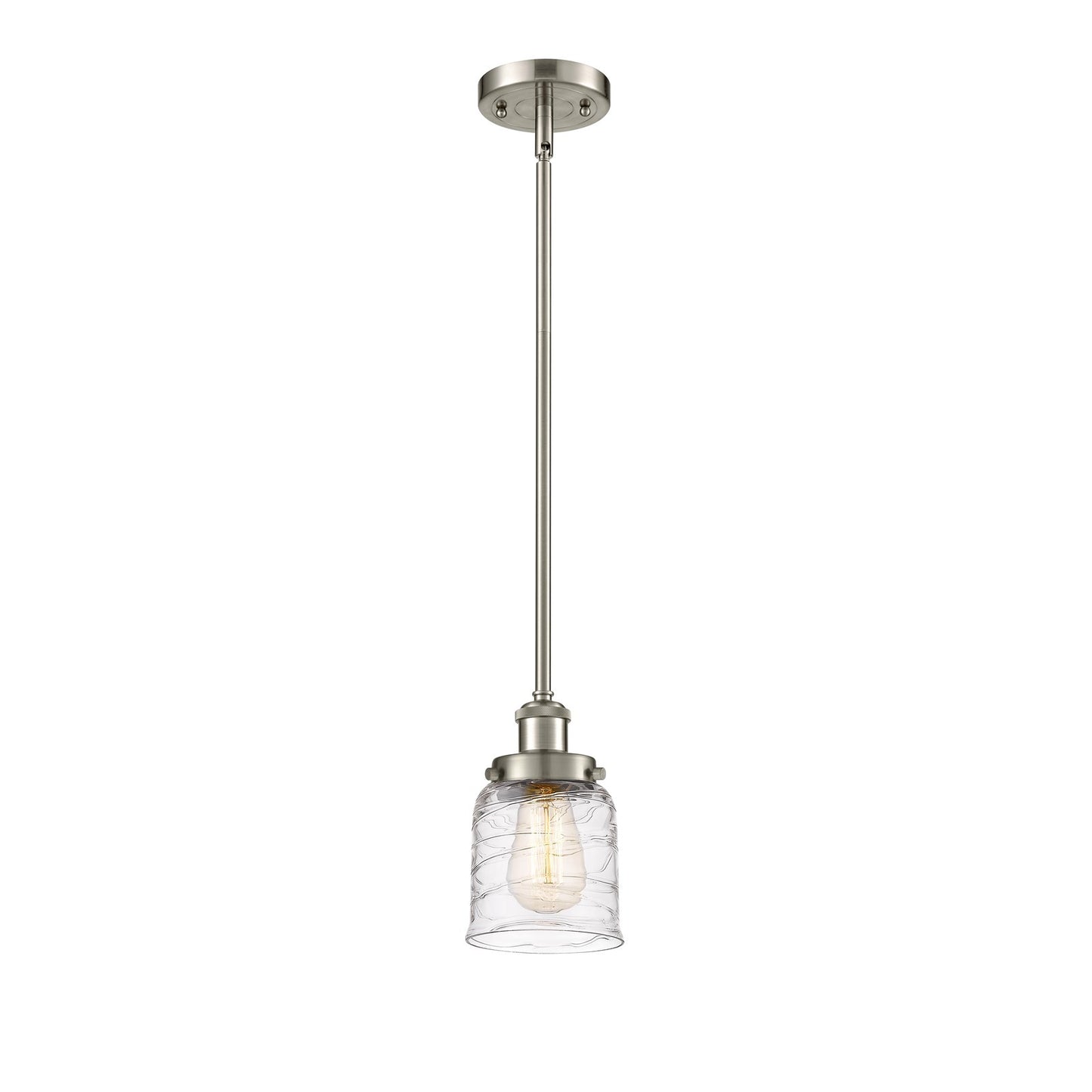 Innovations Bell 5in 1-Light Mini Pendant | Industrial Brushed Satin Nickel Steel and Clear Deco Swirl Glass | Kitchen Island & | Model 916-1S-SN-G513-LED