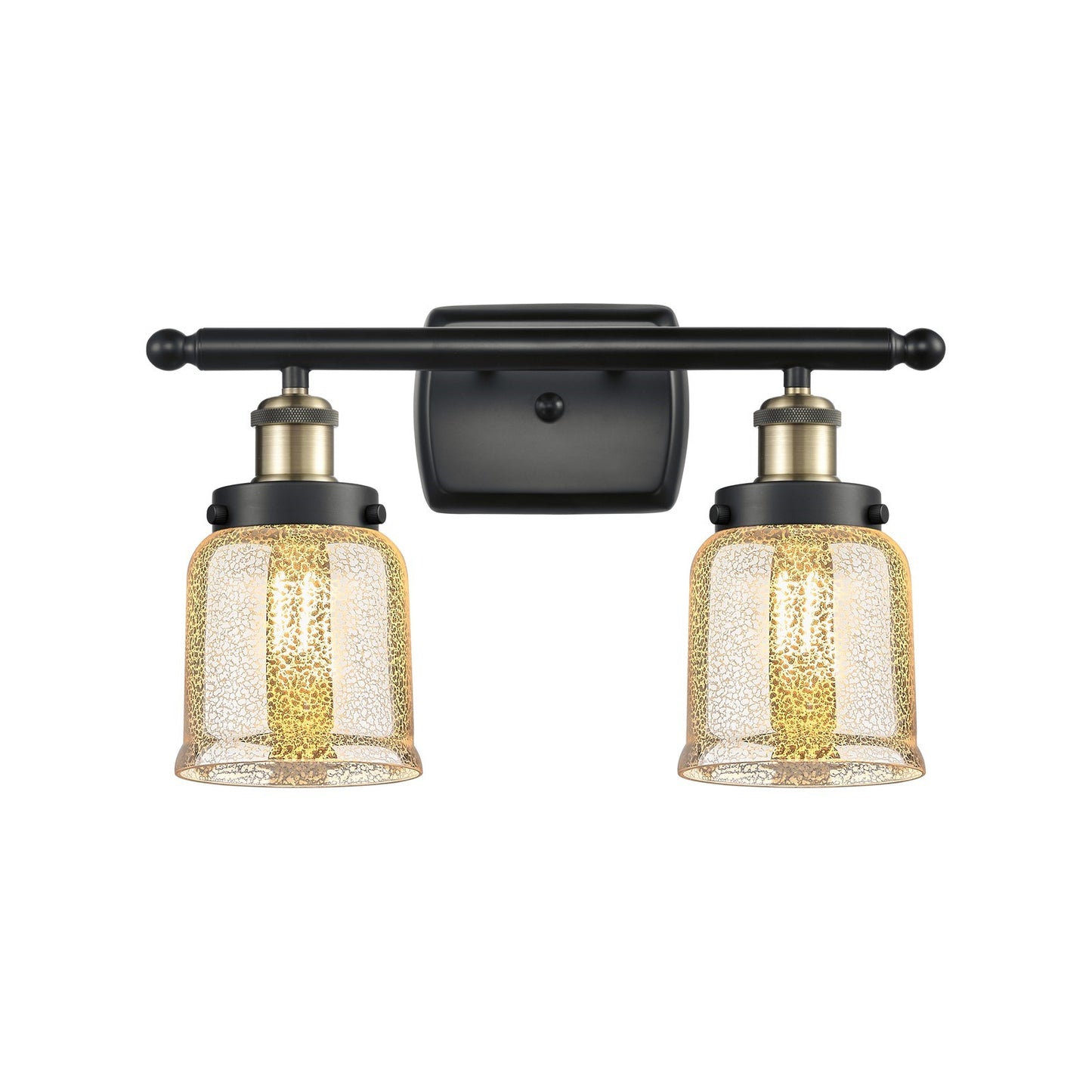 Innovations Bell 16in 2-Light Bath Vanity Light | Industrial Black Antique Brass Steel and Silver Plated Mercury Glass | Bathroom | Model 916-2W-BAB-G58