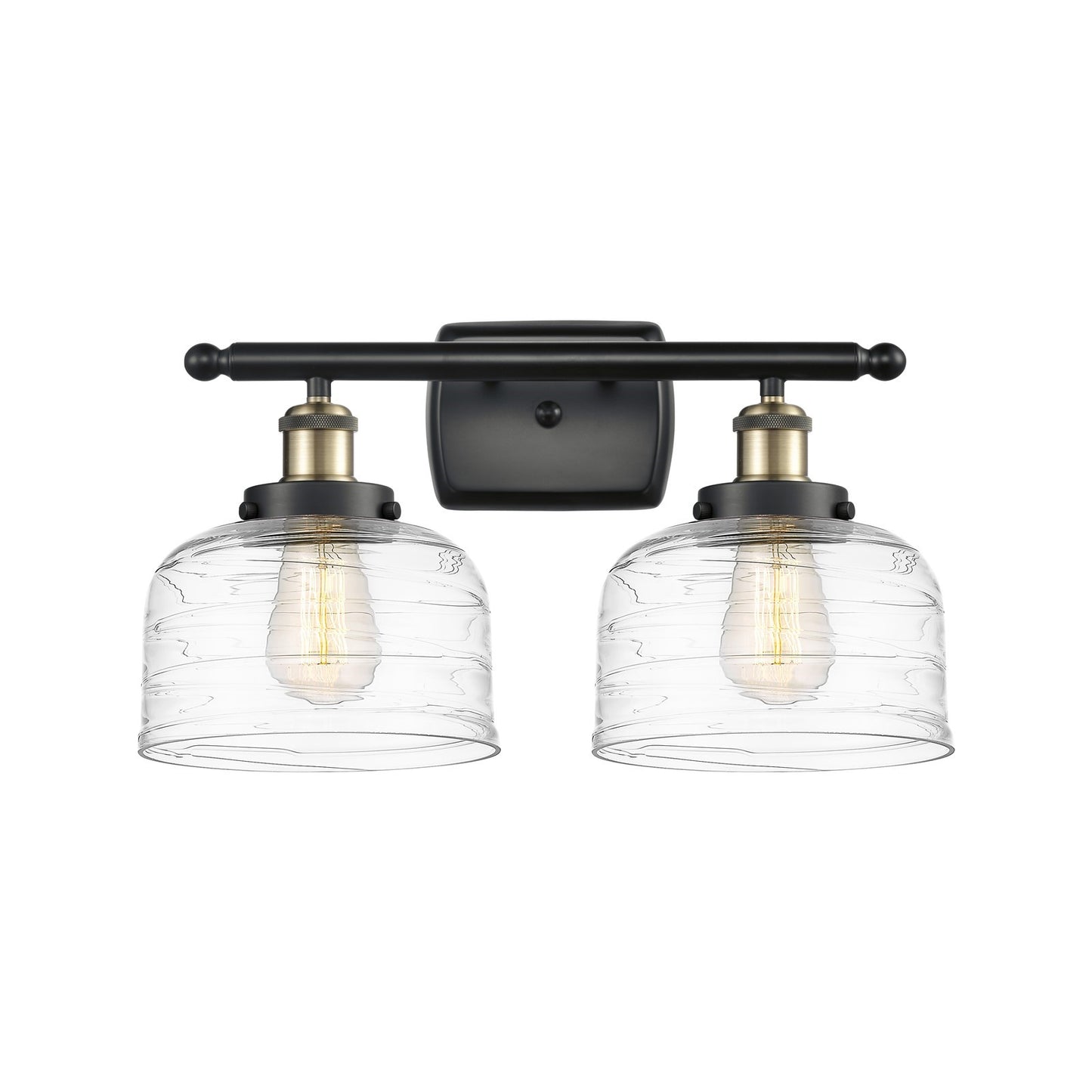 Innovations Bell 18in 2-Light Bath Vanity Light | Industrial Black Antique Brass Steel and Clear Deco Swirl Glass | Bathroom | Model 916-2W-BAB-G713-LED