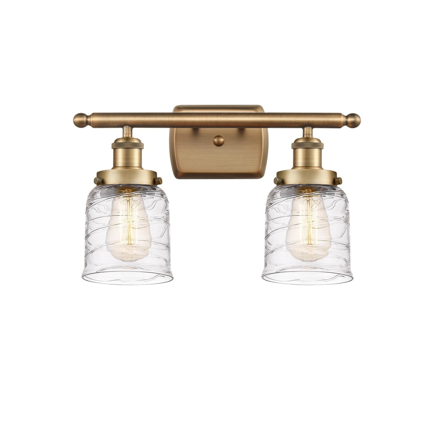 Innovations Bell 16in 2-Light Bath Vanity Light | Industrial Brushed Brass Steel and Clear Deco Swirl Glass | Bathroom Vanity | Model 916-2W-BB-G513-LED