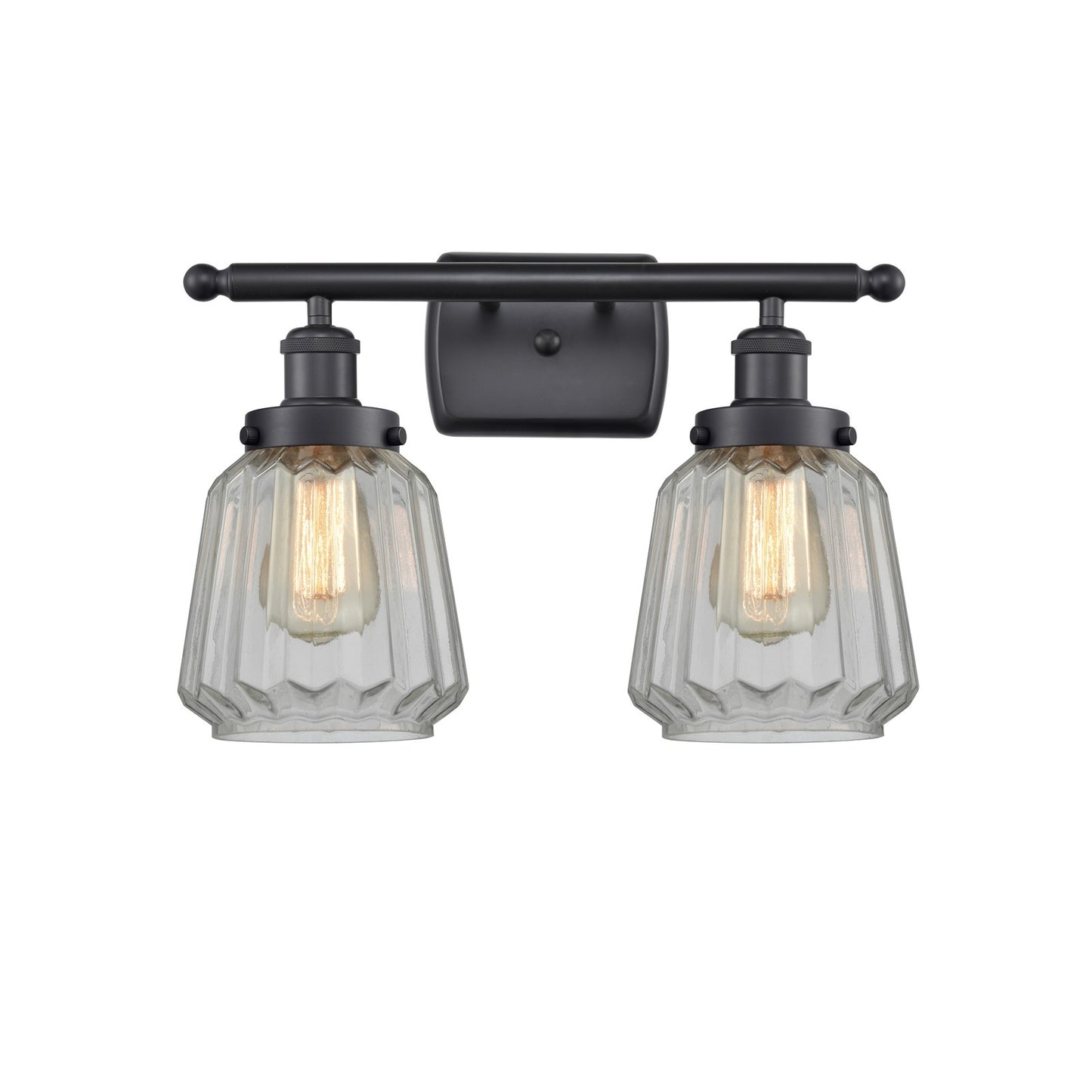 Innovations Chatham 17in 2-Light Bath Vanity Light | Modern Matte Black and Clear Ribbed Glass | Bathroom Vanity | 17 x 12 in | Model 916-2W-BK-G142
