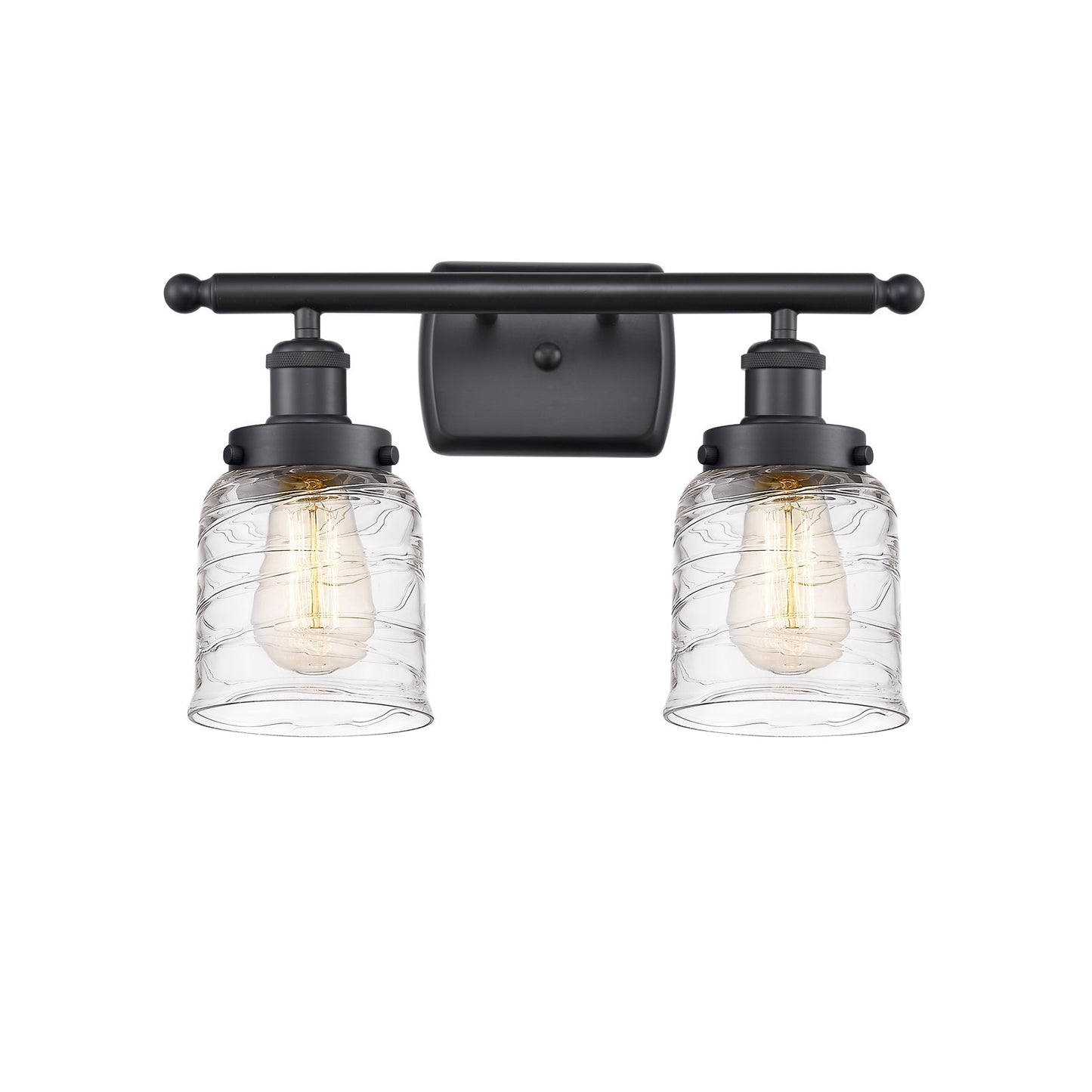 Innovations Bell 16in 2-Light Bath Vanity Light | Industrial Matte Black Steel and Clear Deco Swirl Glass | Bathroom Vanity | Model 916-2W-BK-G513