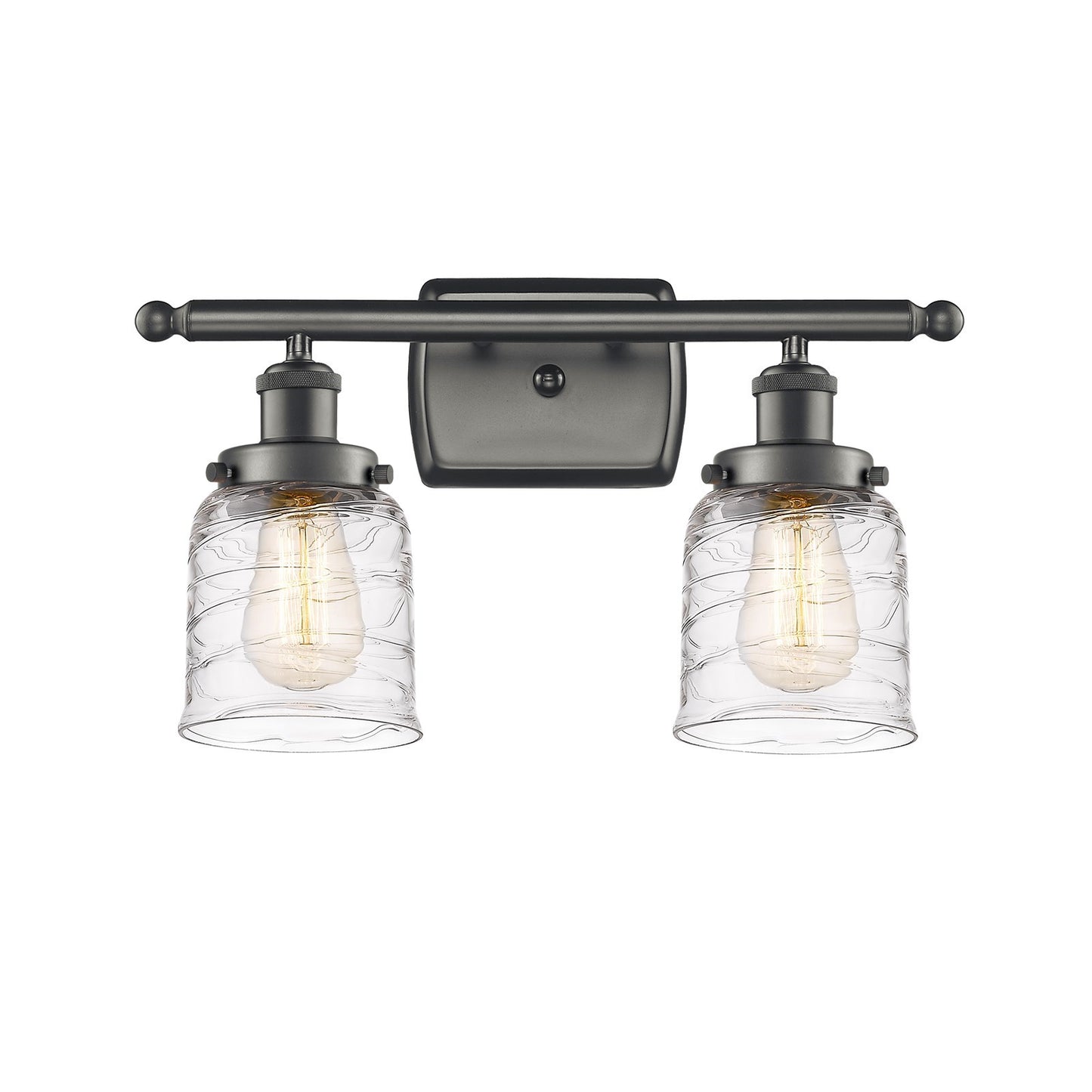 Innovations Bell 16in 2-Light Bath Vanity Light | Oil Rubbed Bronze Steel and Clear Deco Swirl Glass Bell Shade | Bathroom Vanity | Model 916-2W-OB-G513