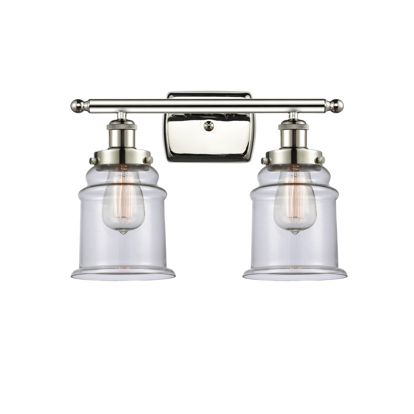 Innovations Canton 16in 2-Light Bath Vanity Light | Modern Contempo Polished Nickel Steel and Clear Glass Schoolhouse Shade | Model 916-2W-PN-G182