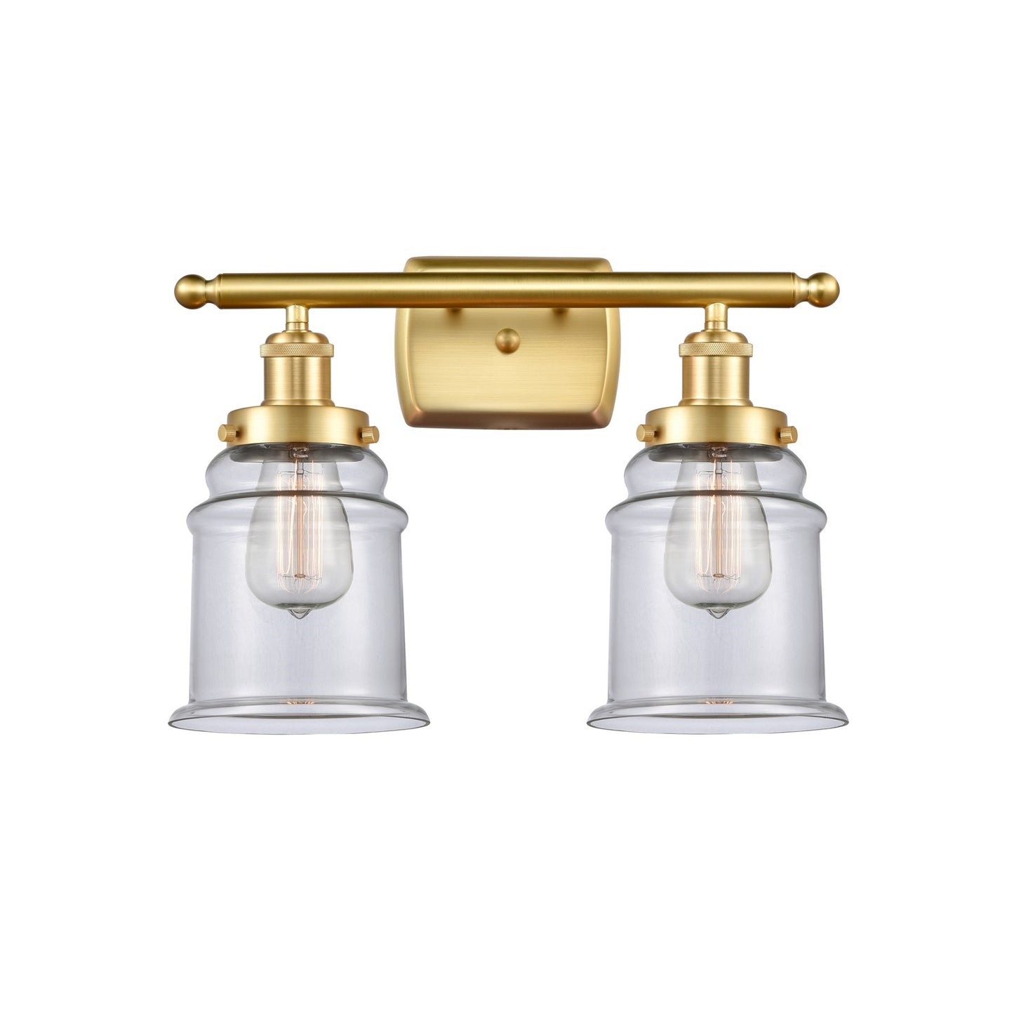 Innovations Canton 16in 2-Light Bath Vanity Light | Modern Contempo Satin Gold Steel and Clear Glass Schoolhouse Shade | Bathroom | Model 916-2W-SG-G182