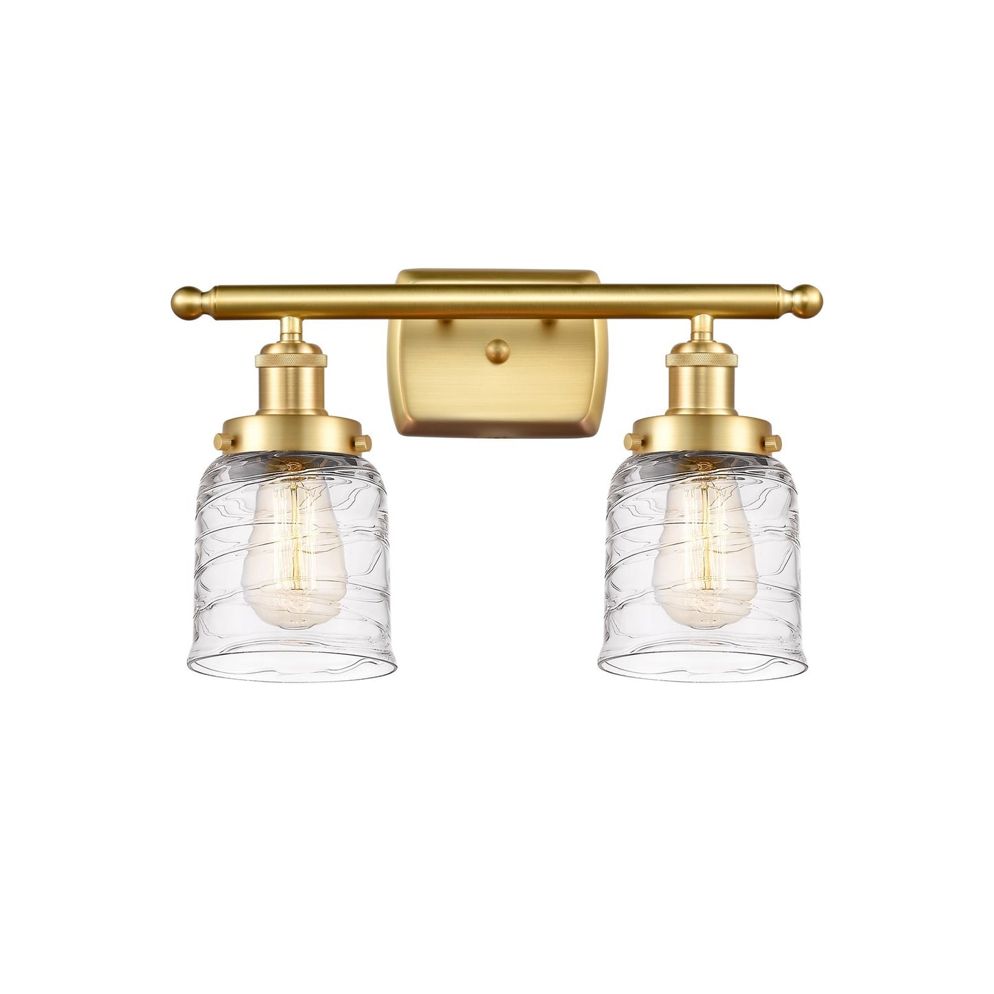 Innovations Bell 16in 2-Light Bath Vanity Light | Industrial Satin Gold Steel and Clear Deco Swirl Glass | Bathroom Vanity | Model 916-2W-SG-G513
