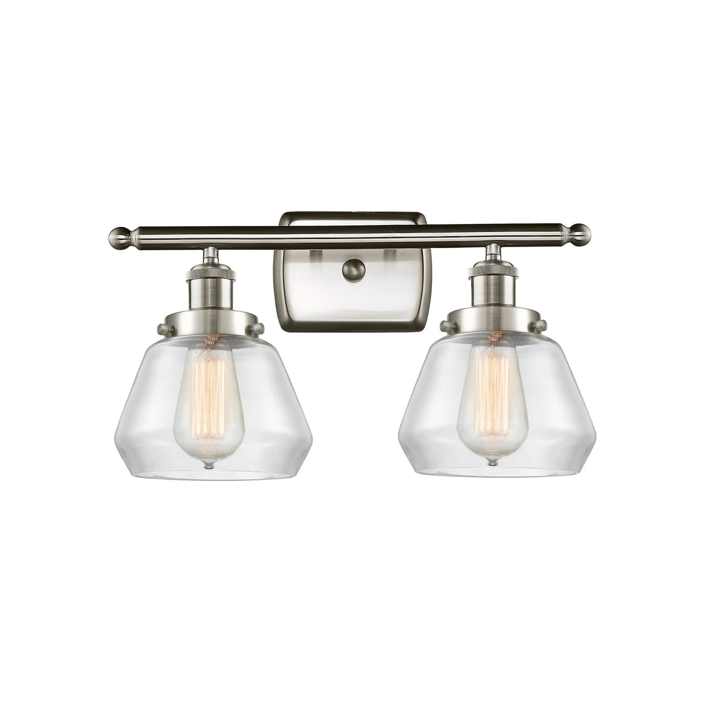 Innovations Fulton 17in 2-Light Bath Vanity | Modern Transitional Brushed Satin Nickel Steel and Clear Glass Schoolhouse Shade | Model 916-2W-SN-G172