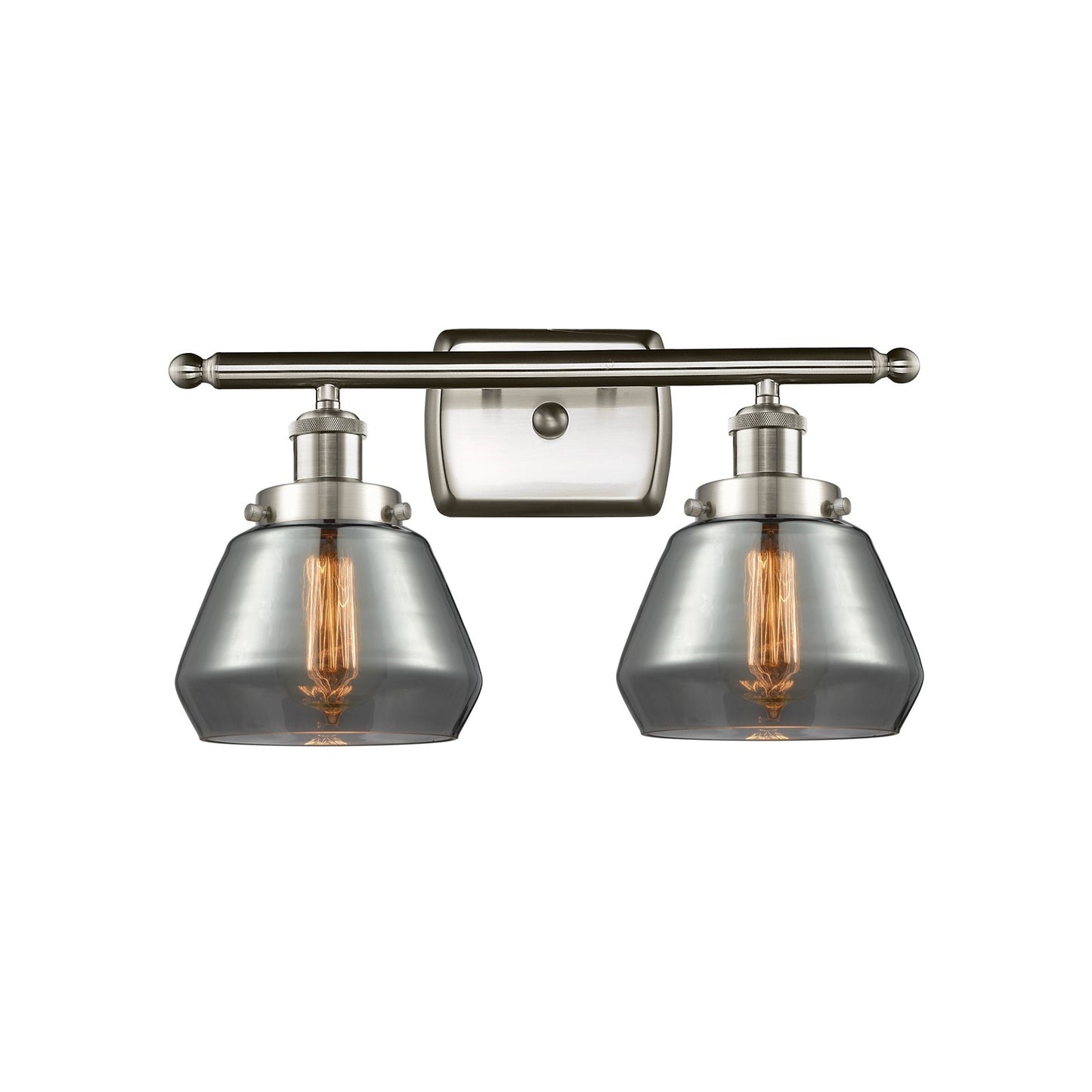 Innovations Fulton 17in 2-Light Bath Vanity | Modern Transitional Brushed Satin Nickel Steel and Light Smoke Glass Schoolhouse | Model 916-2W-SN-G173