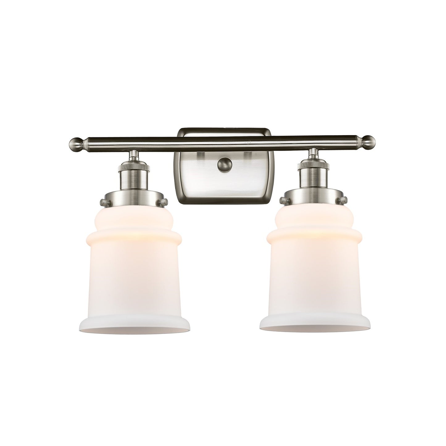 Innovations Canton 16in 2-Light Bath Vanity | Modern Transitional Brushed Satin Nickel Steel and Matte White Frosted Glass Bell | Model 916-2W-SN-G181