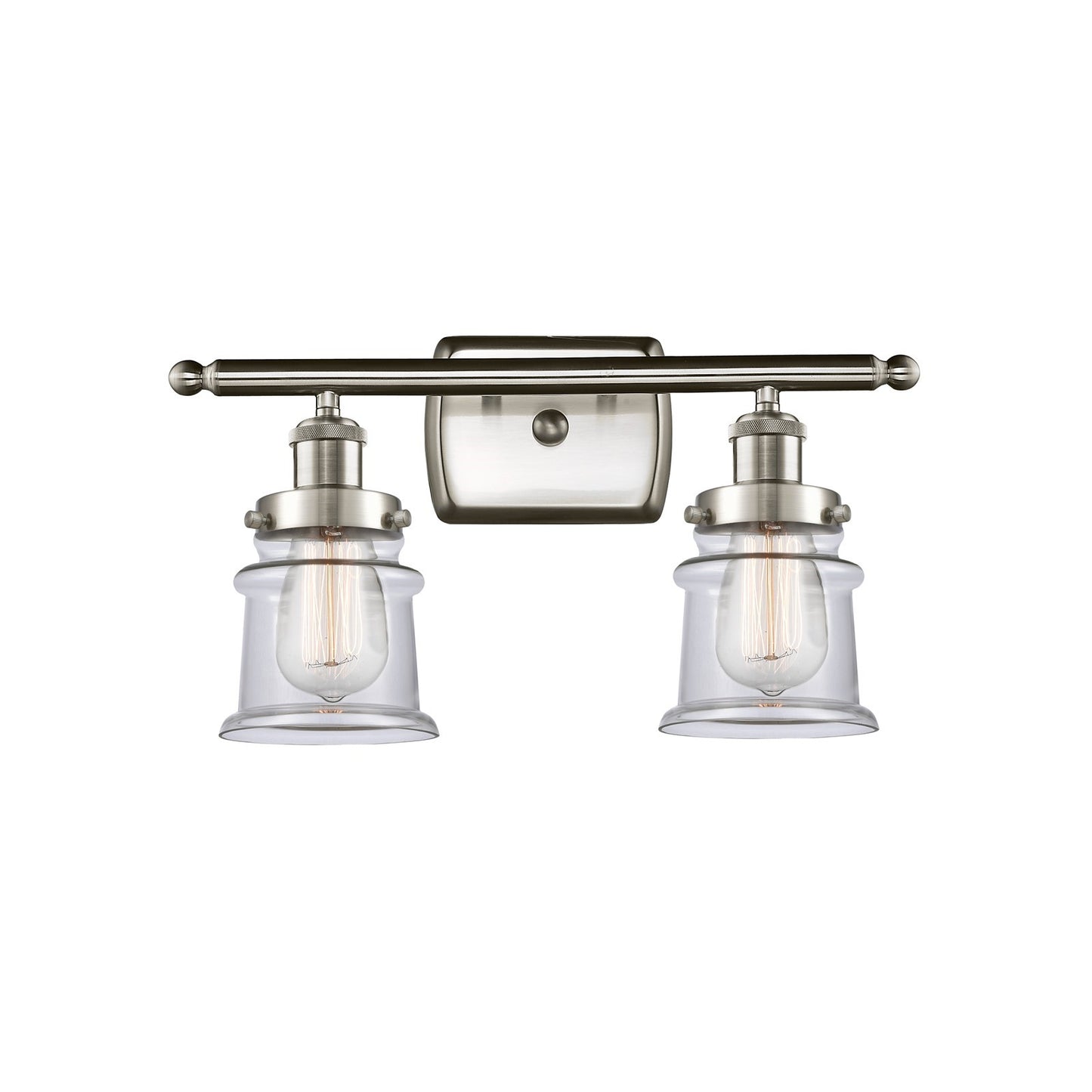 Innovations Canton 15.25in 2-Light Bath Vanity | Modern Contempo Brushed Satin Nickel and Clear Glass Schoolhouse Shade | Bathroom | Model 916-2W-SN-G182S