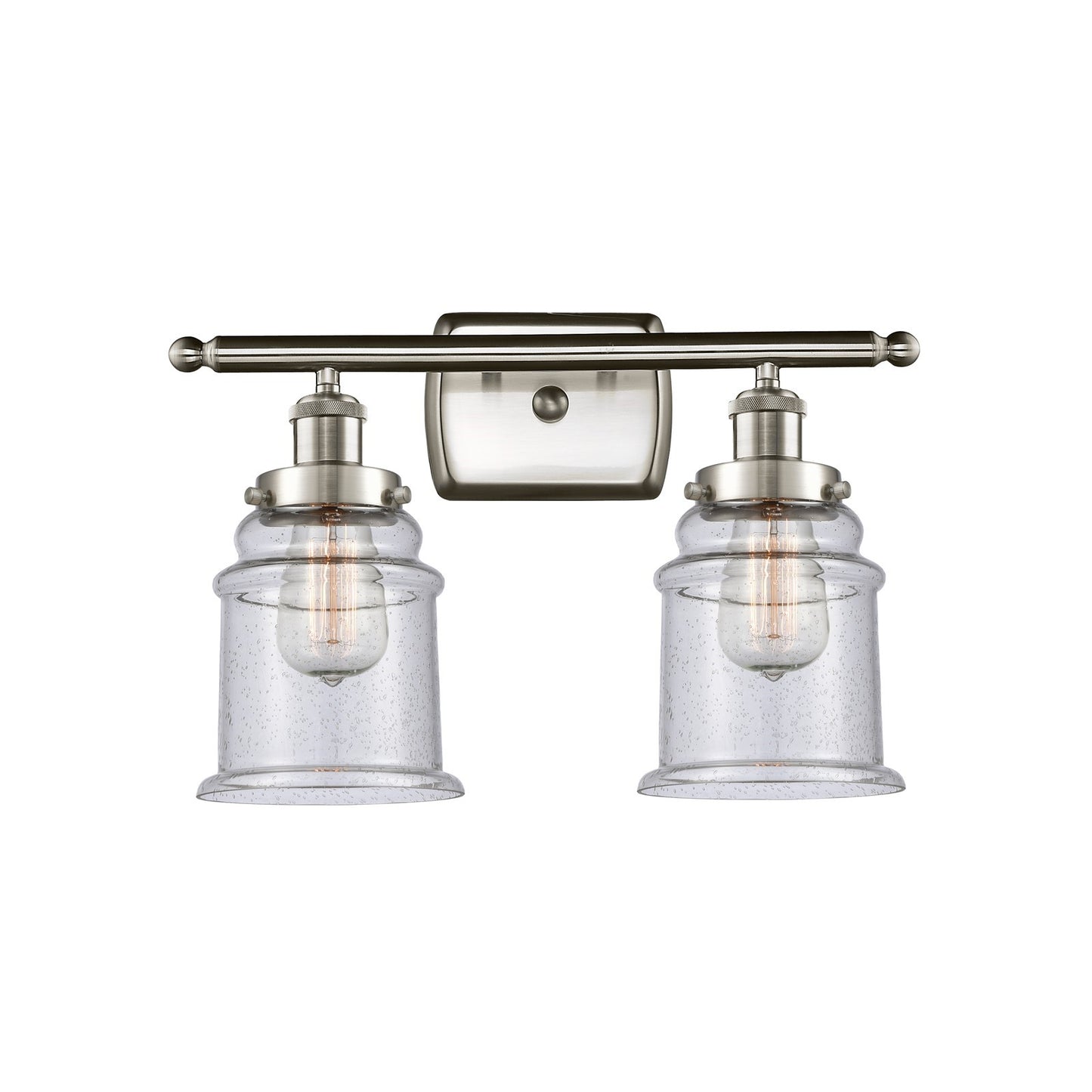 Innovations Canton 16in 2-Light Bath Vanity | Modern Contempo Brushed Satin Nickel and Seedy Glass Schoolhouse Shade | Bathroom | Model 916-2W-SN-G184