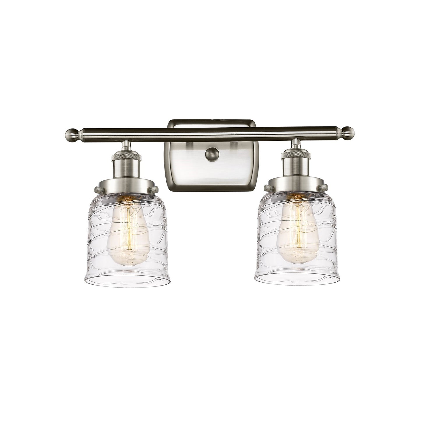 Innovations Bell 16in 2-Light Bath Vanity Light | Brushed Satin Nickel and Clear Deco Swirl Glass | Bathroom Vanity | Model 916-2W-SN-G513-LED
