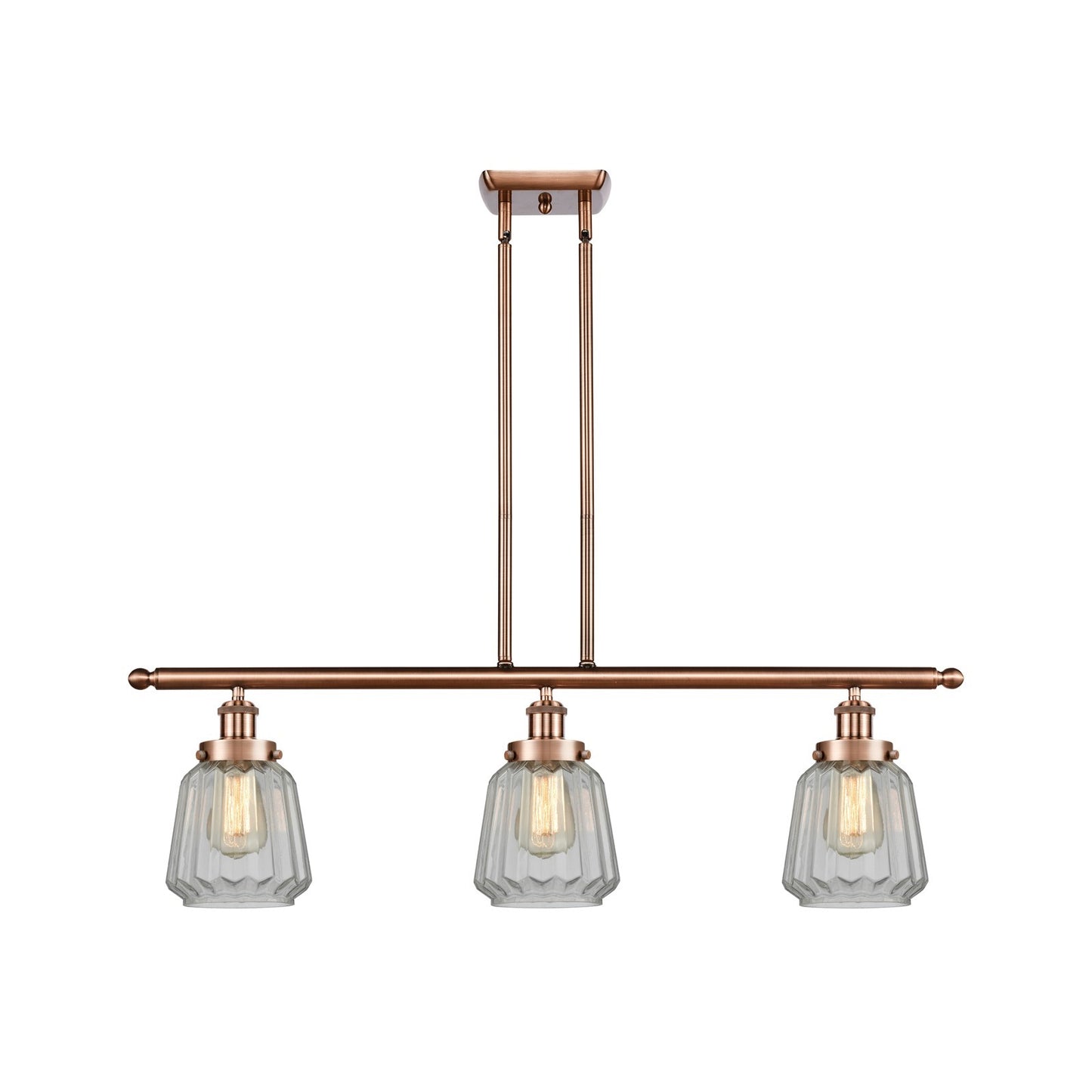 Innovations Chatham 36in 3-Light Island Light | Modern Transitional Antique Copper Steel and Cast Brass with Clear Ribbed Glass | Model 916-3I-AC-G142