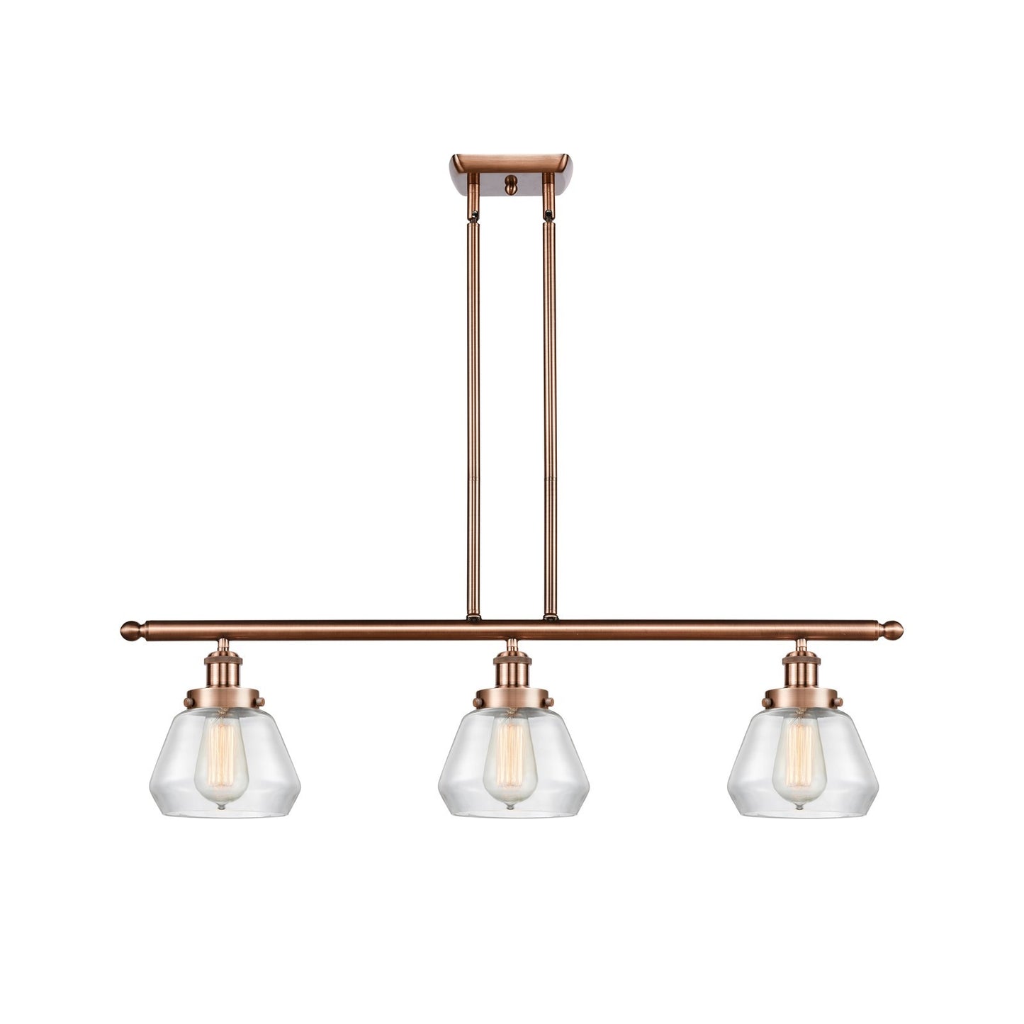 Innovations Fulton 36in 3-Light Island Light | Antique Copper Steel and Clear Glass Schoolhouse Shades | Kitchen Island & Dining | Model 916-3I-AC-G172