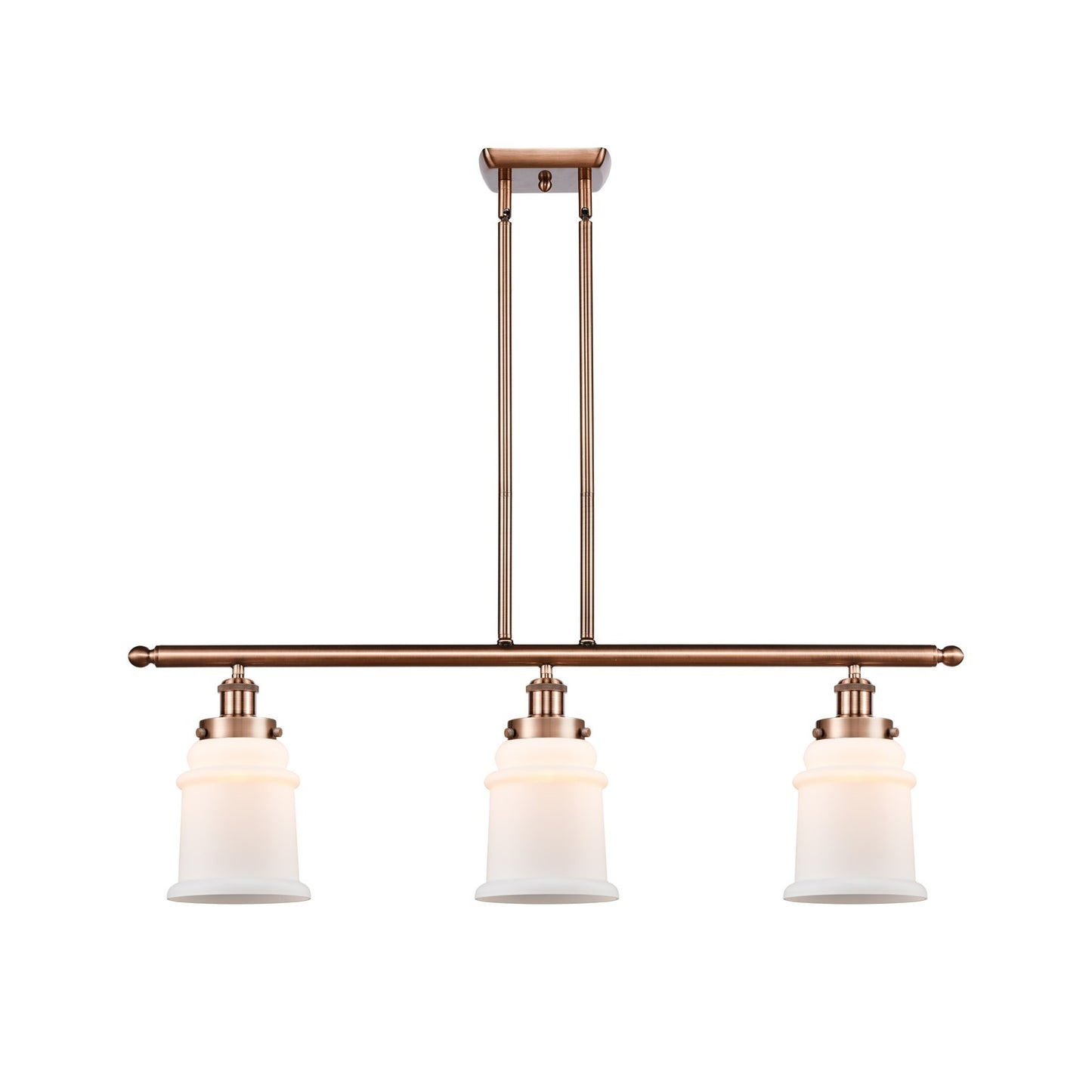 Innovations Canton 36in 3-Light Island Light | Antique Copper Steel and Matte White Frosted Glass Bell Shades | Kitchen Island & | Model 916-3I-AC-G181