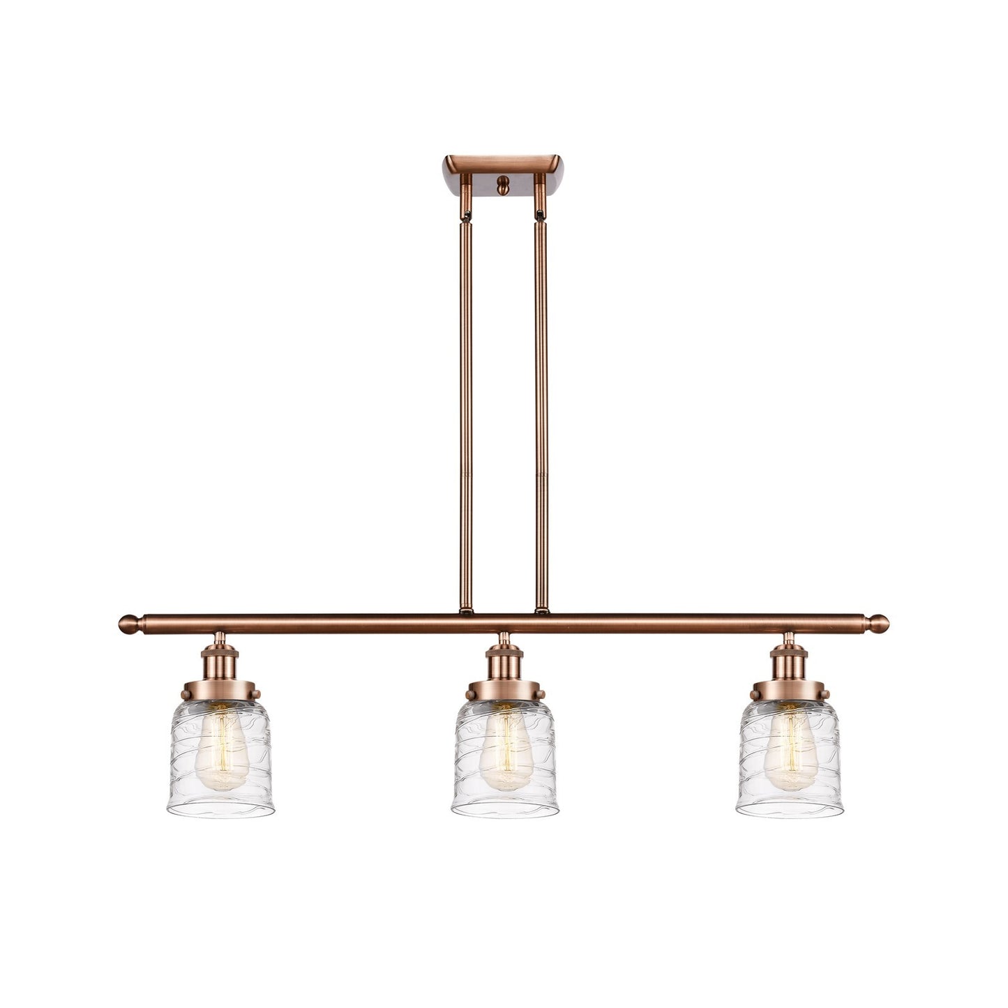 Innovations Bell 36in 3-Light Island Light | Industrial Antique Copper Steel and Clear Deco Swirl Glass | Kitchen Island & Dining | Model 916-3I-AC-G513