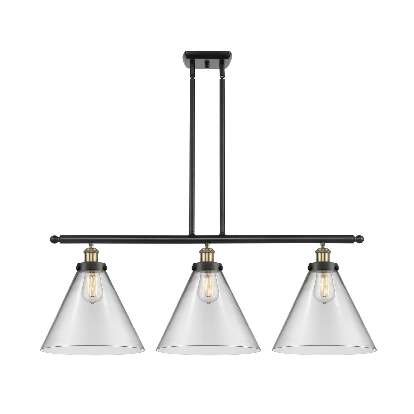 Innovations Cone 36in 3-Light Island Light | Industrial Black Antique Brass Steel and Clear Glass | Kitchen Island & Dining | Model 916-3I-BAB-G42-L-LED