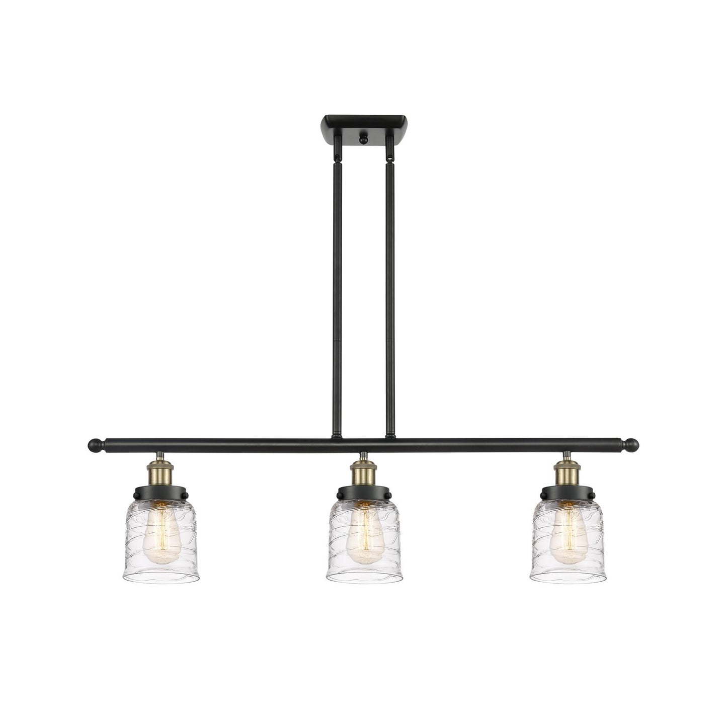 Innovations Bell 36in 3-Light Island Light | Industrial Black Antique Brass Steel and Clear Deco Swirl Glass | Kitchen Island | Model 916-3I-BAB-G513-LED