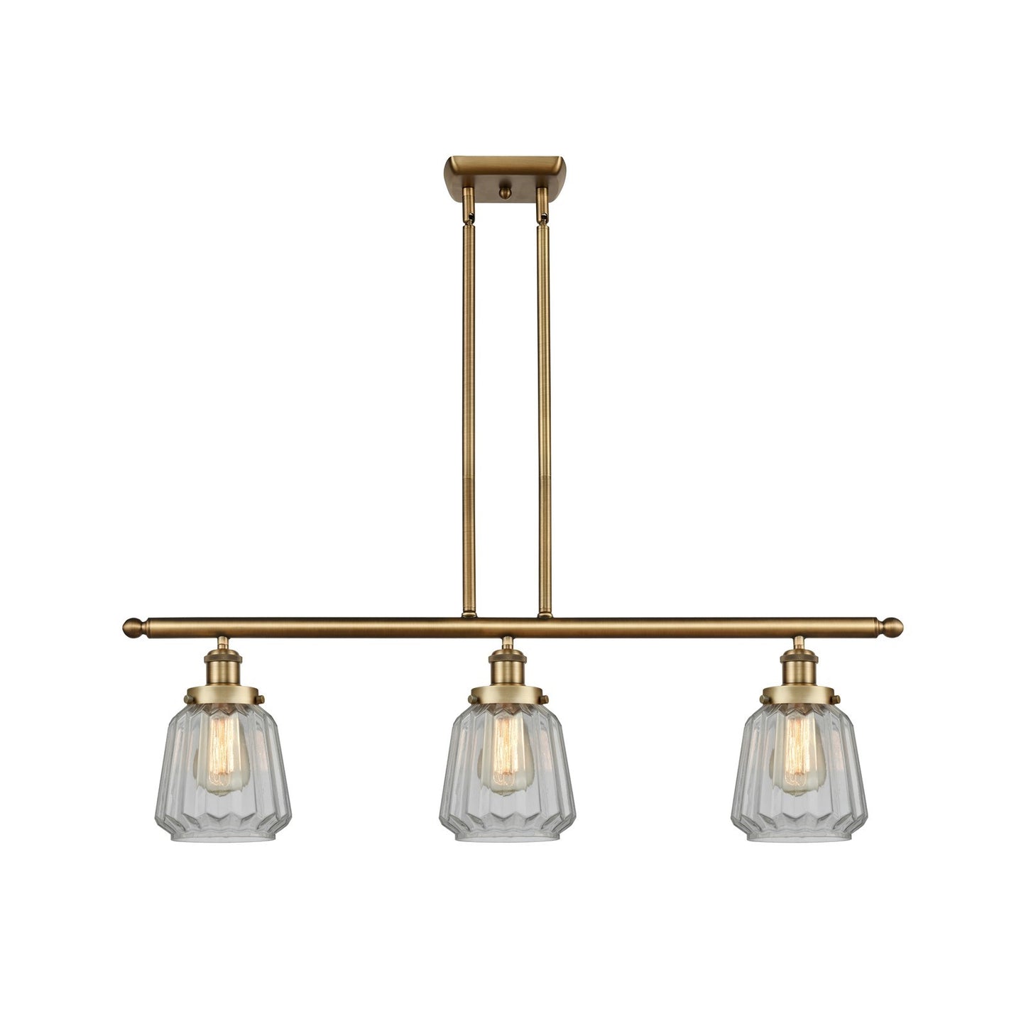 Innovations Chatham 36in 3-Light Island Light | Transitional Brushed Brass and Clear Ribbed Glass | Kitchen Island & Dining Room | Model 916-3I-BB-G142