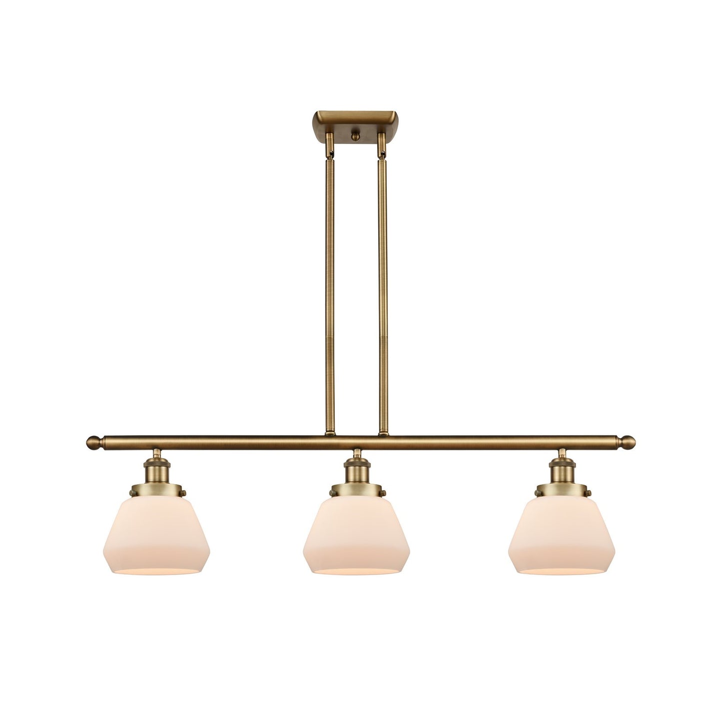 Innovations Fulton 36in 3-Light Island Light | Brushed Brass Steel and Matte White Frosted Glass | Kitchen Island & Dining Room | Model 916-3I-BB-G171