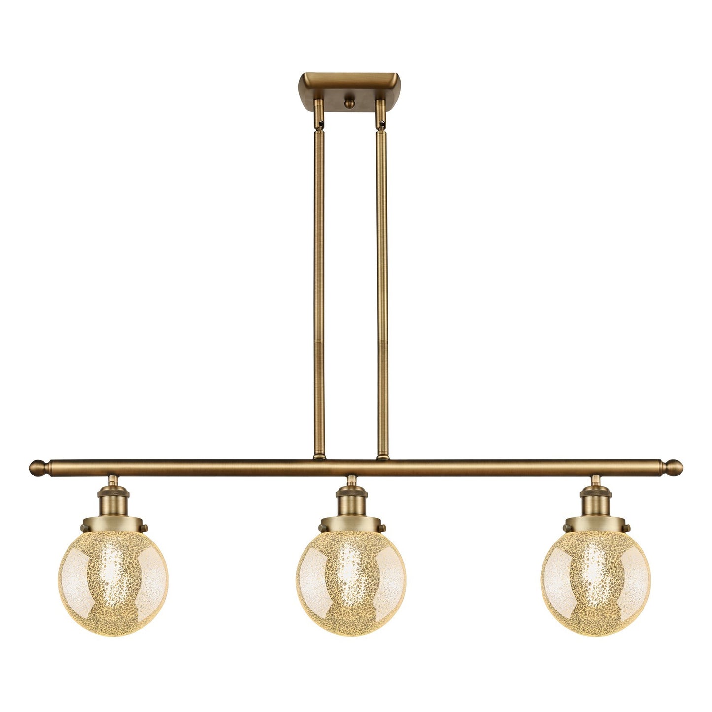 Innovations Beacon 36in 3-Light Island Light | Modern Brushed Brass Steel and Mercury Seeded Glass Globe Shades | Kitchen Island | Model 916-3I-BB-G208-6
