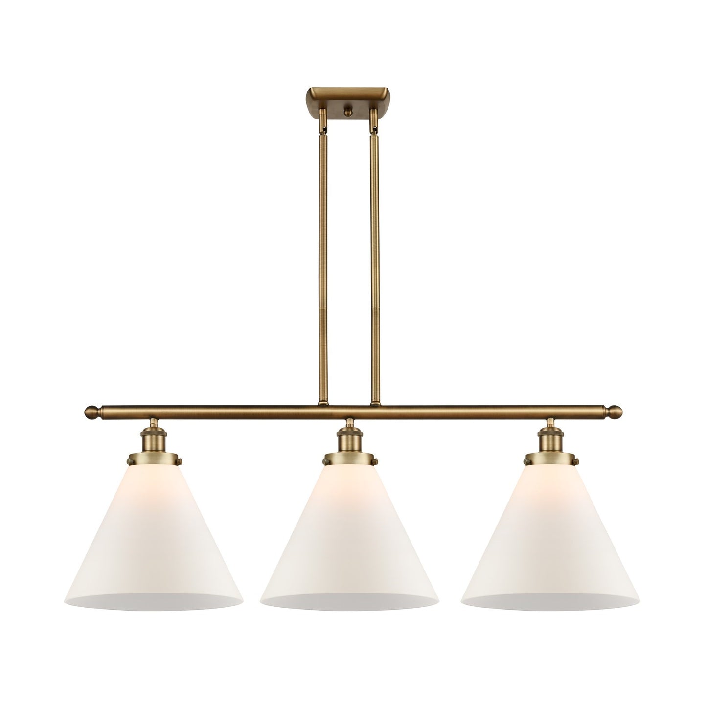 Innovations Cone 36in 3-Light Island Light | Industrial Brushed Brass and Matte White Frosted Glass | Kitchen Island & Dining | Model 916-3I-BB-G41-L-LED