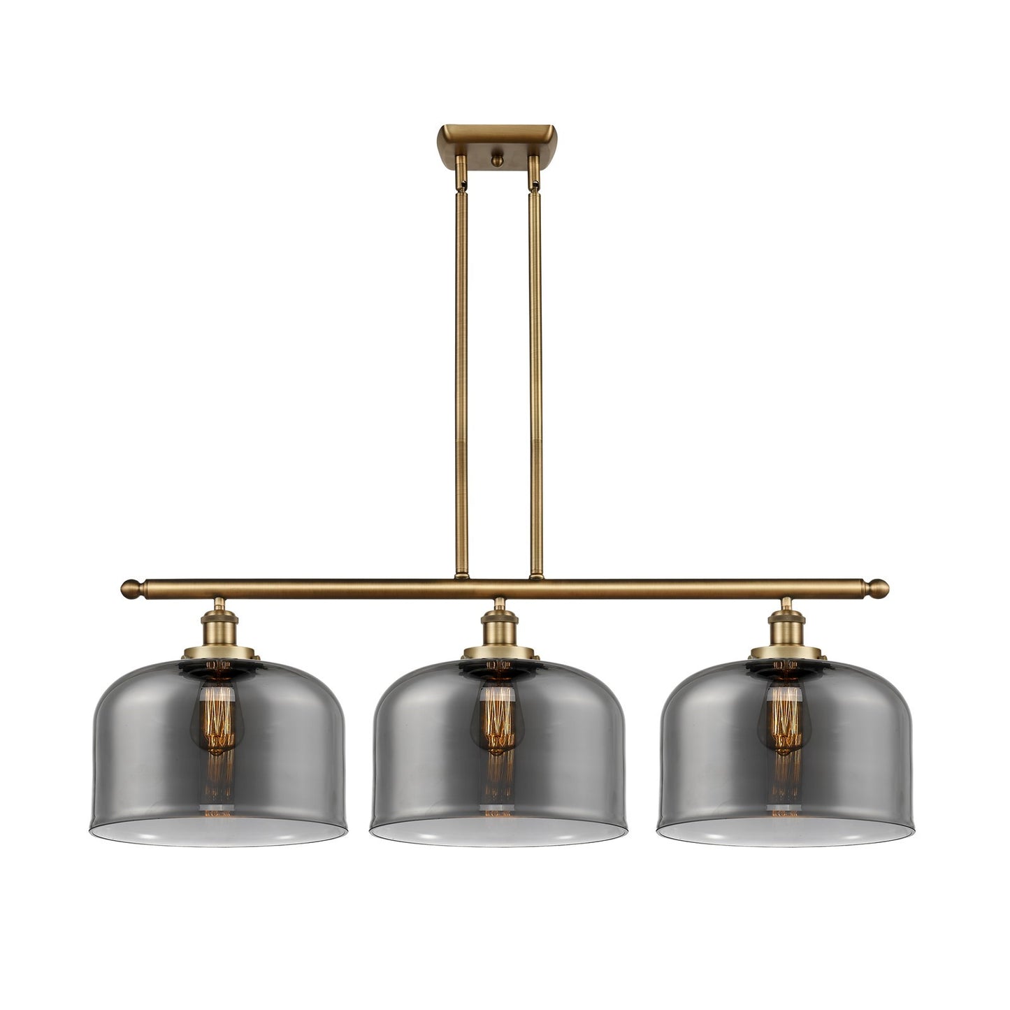 Innovations Bell 36in 3-Light LED Island Light | Industrial Brushed Brass and Light Smoke Glass | Kitchen Island & Dining Room | Model 916-3I-BB-G73-L-LED