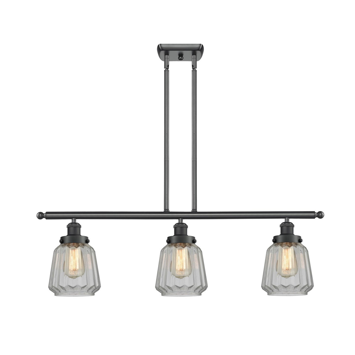 Innovations Chatham 36in 3-Light Island Light | Modern Transitional Matte Black Steel and Clear Ribbed Glass Shade | Kitchen Island | Model 916-3I-BK-G142