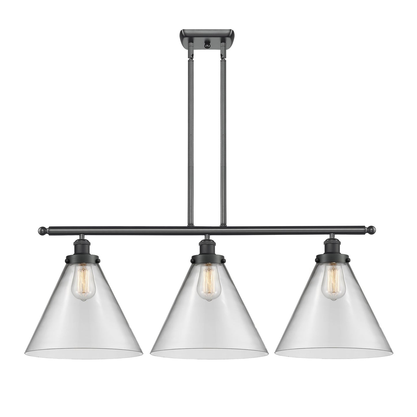 Innovations Cone 36in 3-Light Island Light | Industrial Matte Black Steel and Clear Glass | Kitchen Island & Dining Room | Model 916-3I-BK-G42-L-LED