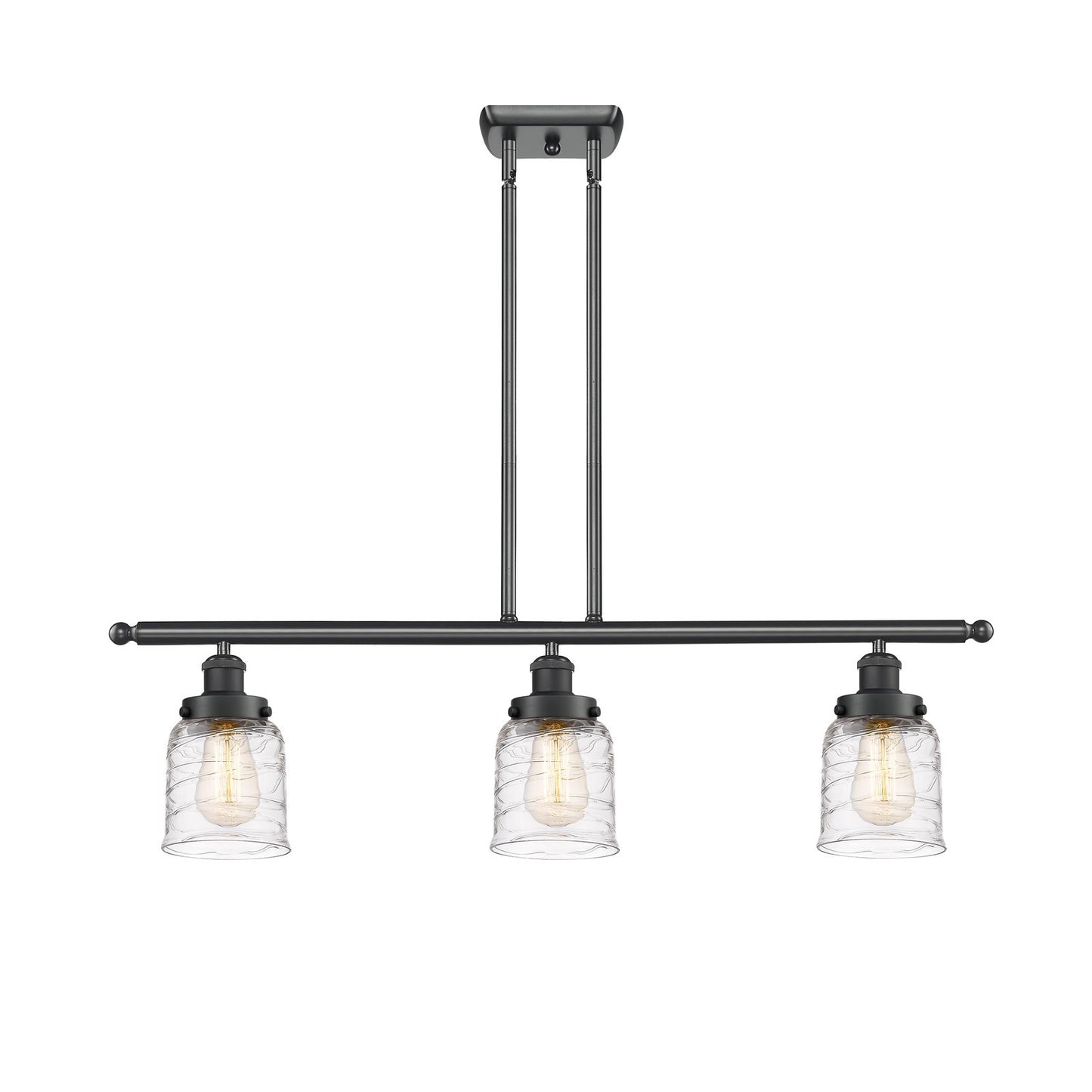 Innovations Bell 36in 3-Light Island Light | Industrial Matte Black Steel and Clear Deco Swirl Glass | Kitchen Island & Dining Room | Model 916-3I-BK-G513