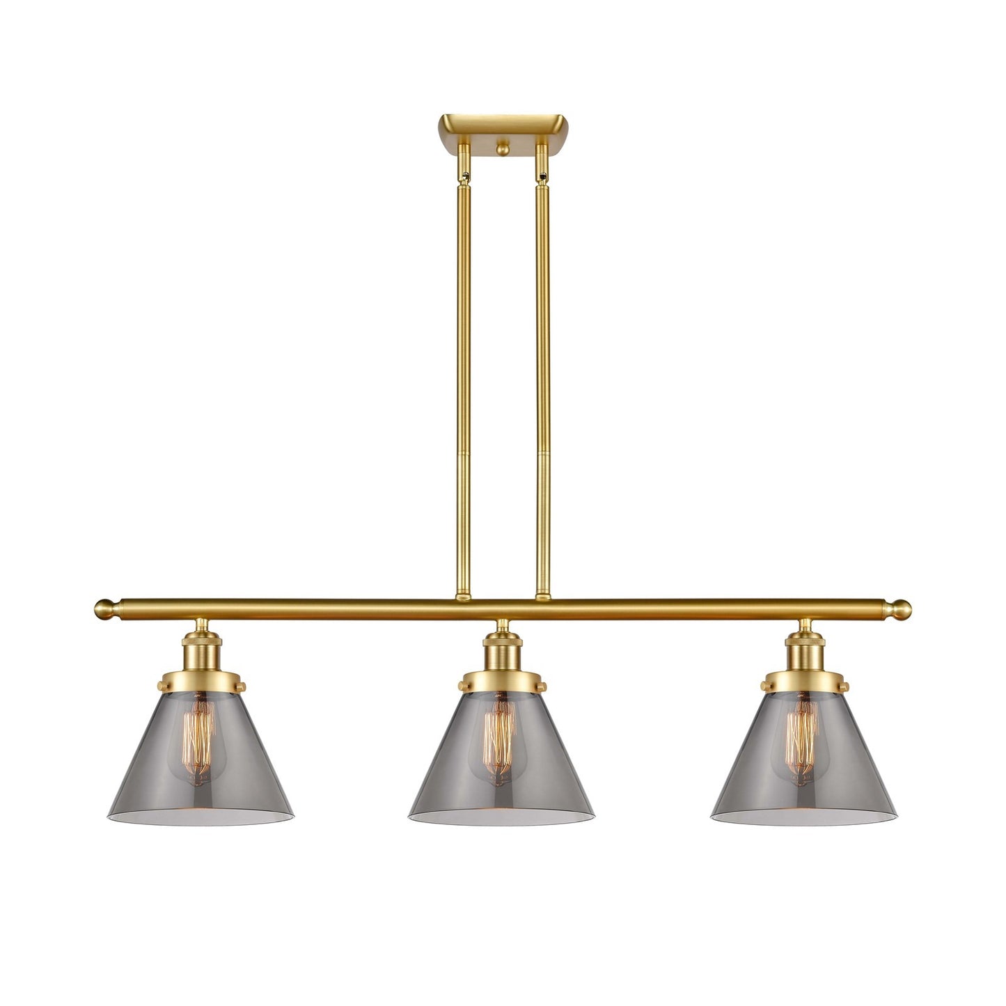 Innovations Cone 36in 3-Light Island Light | Industrial Satin Gold Steel and Light Smoke Glass | Kitchen Island & Dining Room | Model 916-3I-SG-G43