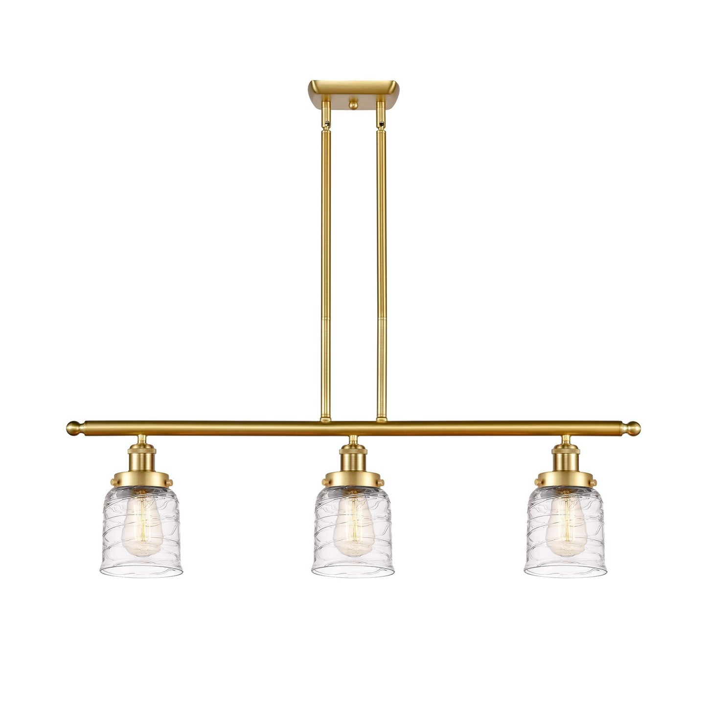 Innovations Bell 36in 3-Light Island Light | Industrial Satin Gold Steel and Clear Deco Swirl Glass | Kitchen Island & Dining Room | Model 916-3I-SG-G513