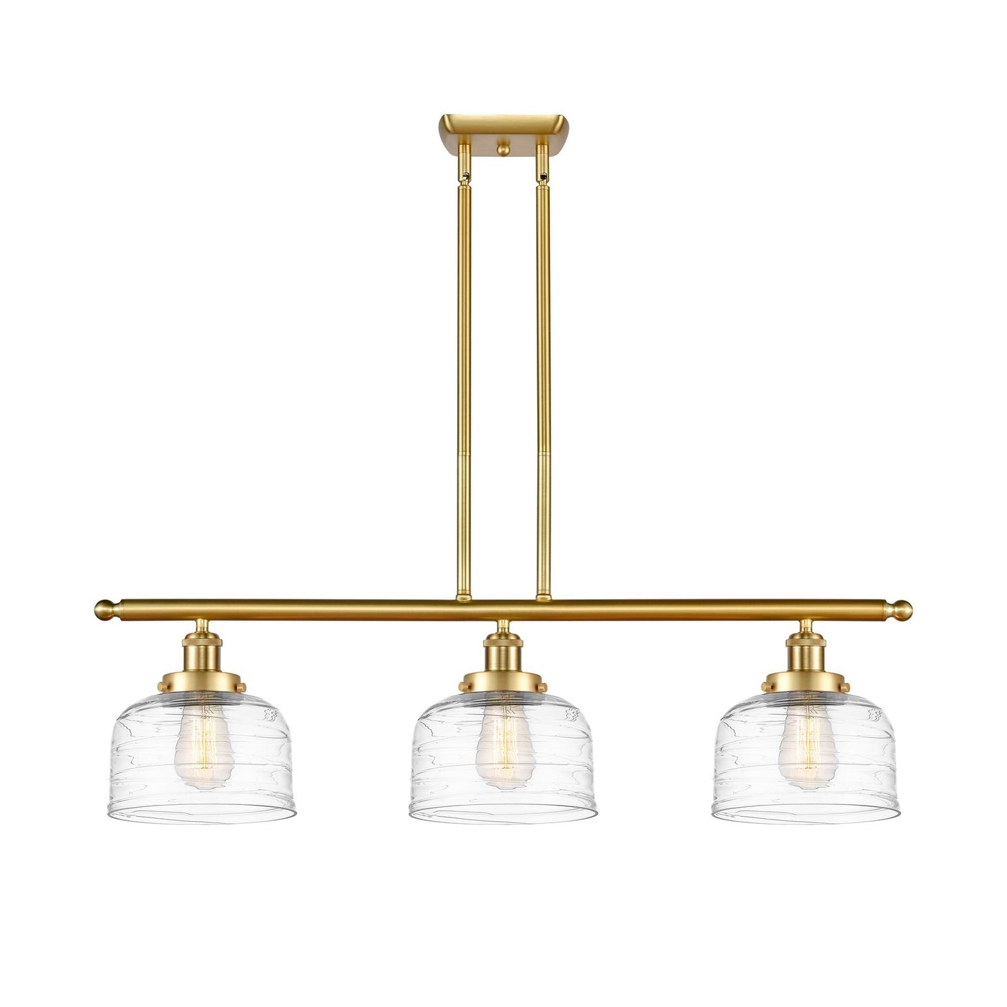 Innovations Bell 36in 3-Light Island Light | Industrial Satin Gold Steel and Clear Deco Swirl Glass | Kitchen Island & Dining Room | Model 916-3I-SG-G713