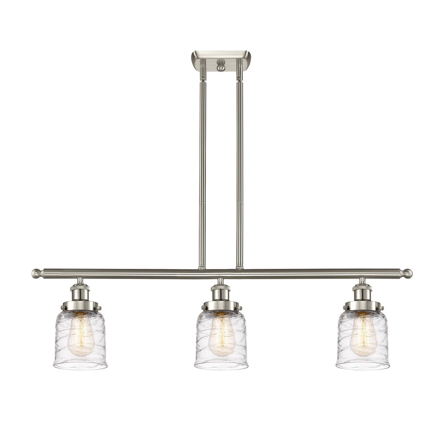 Innovations Bell 36in 3-Light Island Light | Industrial Brushed Satin Nickel Steel and Clear Deco Swirl Glass | Kitchen Island & | Model 916-3I-SN-G513