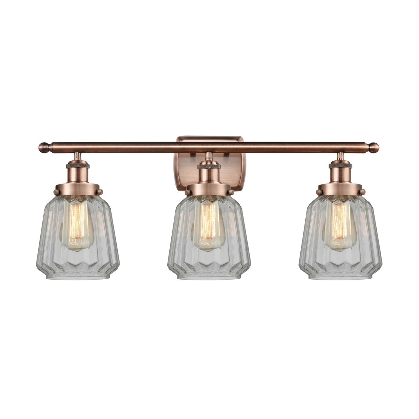 Innovations Chatham 27in 3-Light Bath Vanity Light | Modern Transitional Antique Copper Steel and Clear Ribbed Glass | Bathroom | Model 916-3W-AC-G142