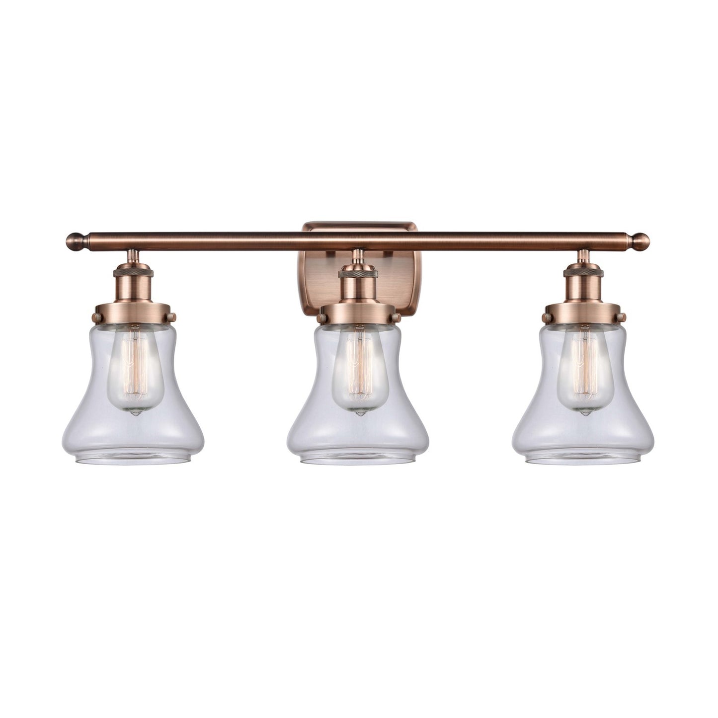 Innovations Bellmont 26in 3-Light Bath Vanity Light | Modern Contempo Antique Copper Steel and Clear Glass Schoolhouse Shade | Model 916-3W-AC-G192