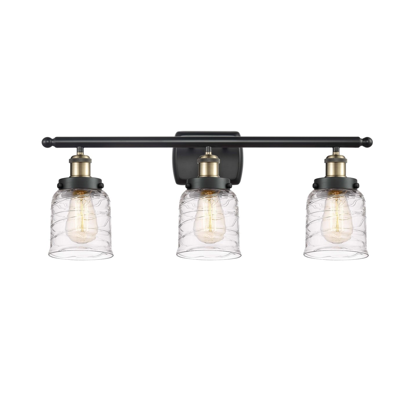 Innovations Bell 26in 3-Light Bath Vanity Light with LED Bulbs | Industrial Black Antique Brass and Clear Deco Swirl Glass | Model 916-3W-BAB-G513-LED