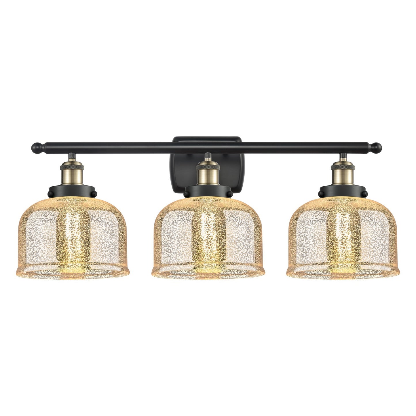 Innovations Bell 28in 3-Light Bath Vanity Light | Industrial Black Antique Brass and Silver Plated Mercury Glass | Bathroom Vanity | Model 916-3W-BAB-G78
