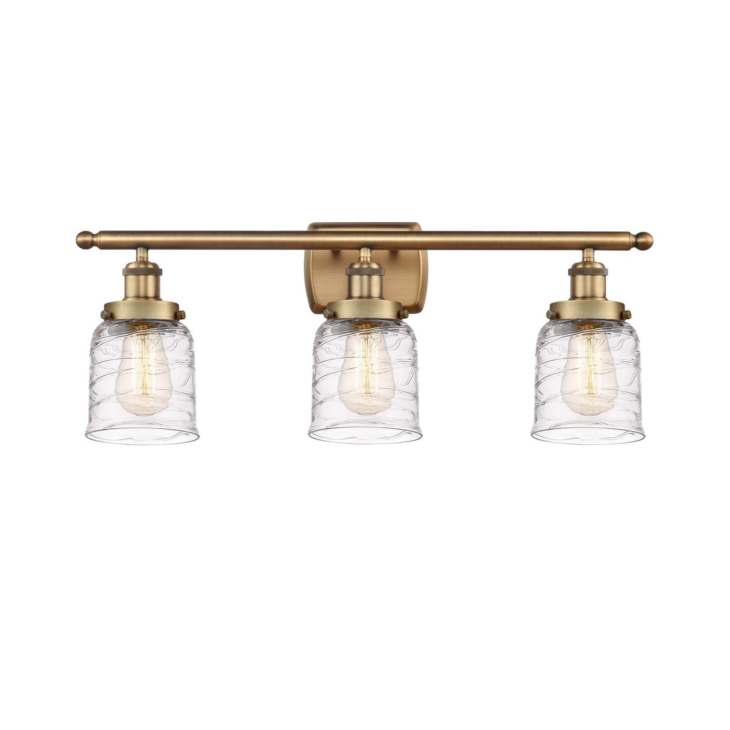 Innovations Bell 26in 3-Light Bath Vanity Light | Brushed Brass Steel and Clear Deco Swirl Glass | Bathroom Vanity | 26 x 12 in | Model 916-3W-BB-G513