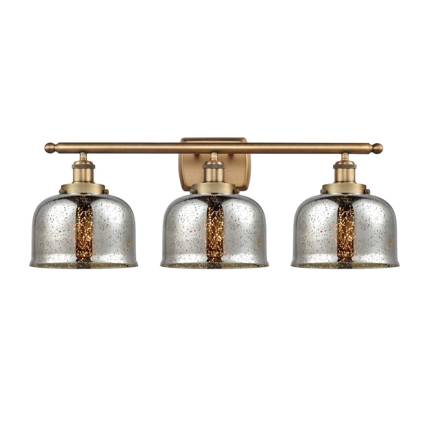 Innovations Bell 28in 3-Light Bath Vanity Light | Industrial Brushed Brass and Silver Plated Mercury Glass | Bathroom Vanity | Model 916-3W-BB-G78