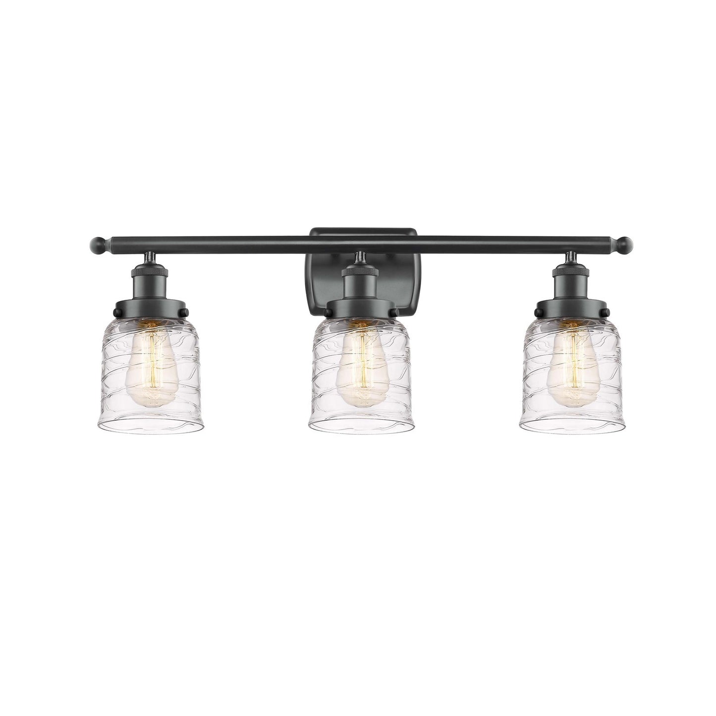 Innovations Bell 26in 3-Light Bath Vanity Light | Industrial Transitional Matte Black Steel and Clear Deco Swirl Glass | Bathroom | Model 916-3W-BK-G513
