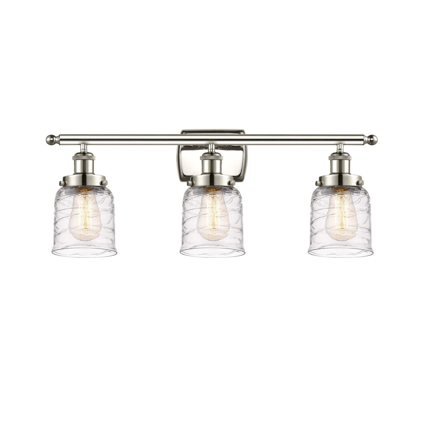 Innovations Bell 26in 3-Light Bath Vanity Light | Industrial Transitional Polished Nickel and Clear Deco Swirl Glass | Bathroom | Model 916-3W-PN-G513-LED
